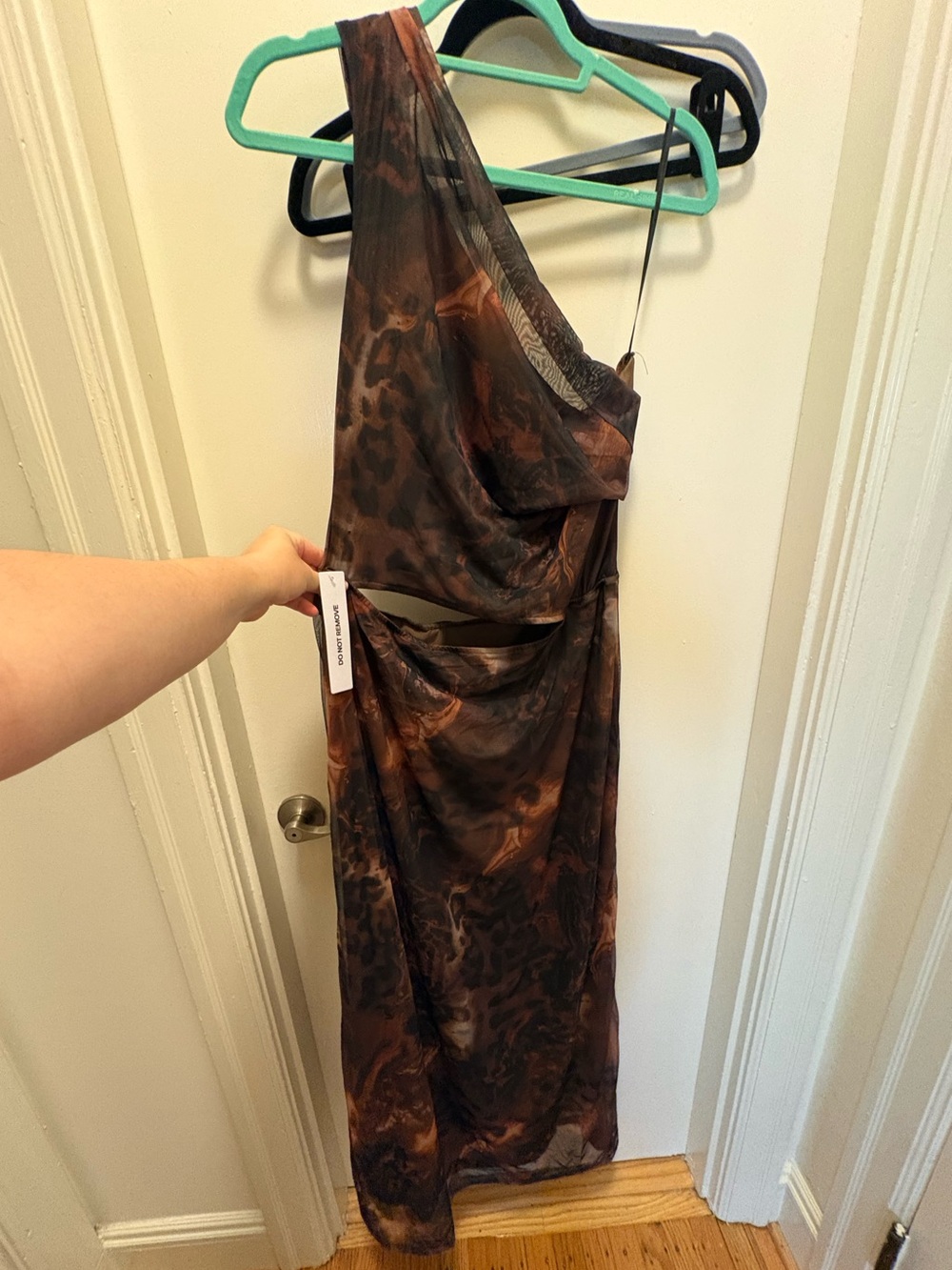 Princess Polly One-Shoulder Brown & Copper Animal-Print Midi Dress